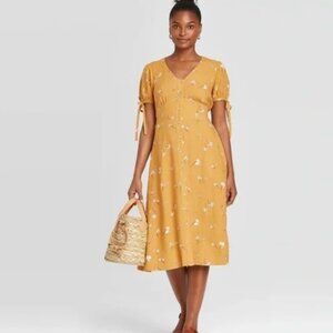 Floral Print Short Sleeve Button-Front Linen Dress - Universal Thread Gold 3X